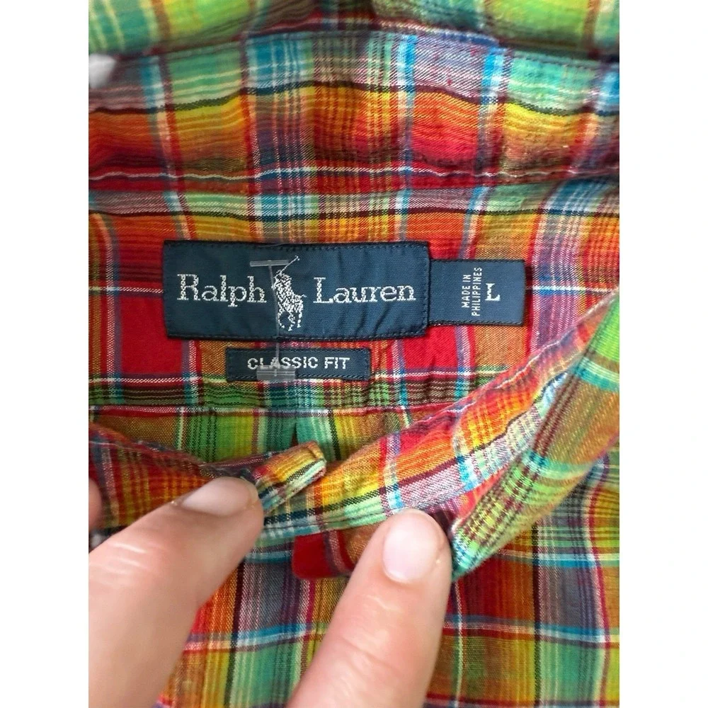 Ralph Lauren Linen Blend Long Sleeve Button Down Vibrant Plaid Blue‎ Pony Mens L